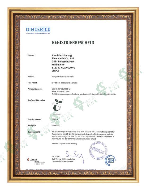 Complete biodegradable plastic G8060 EN13432 certification - German version